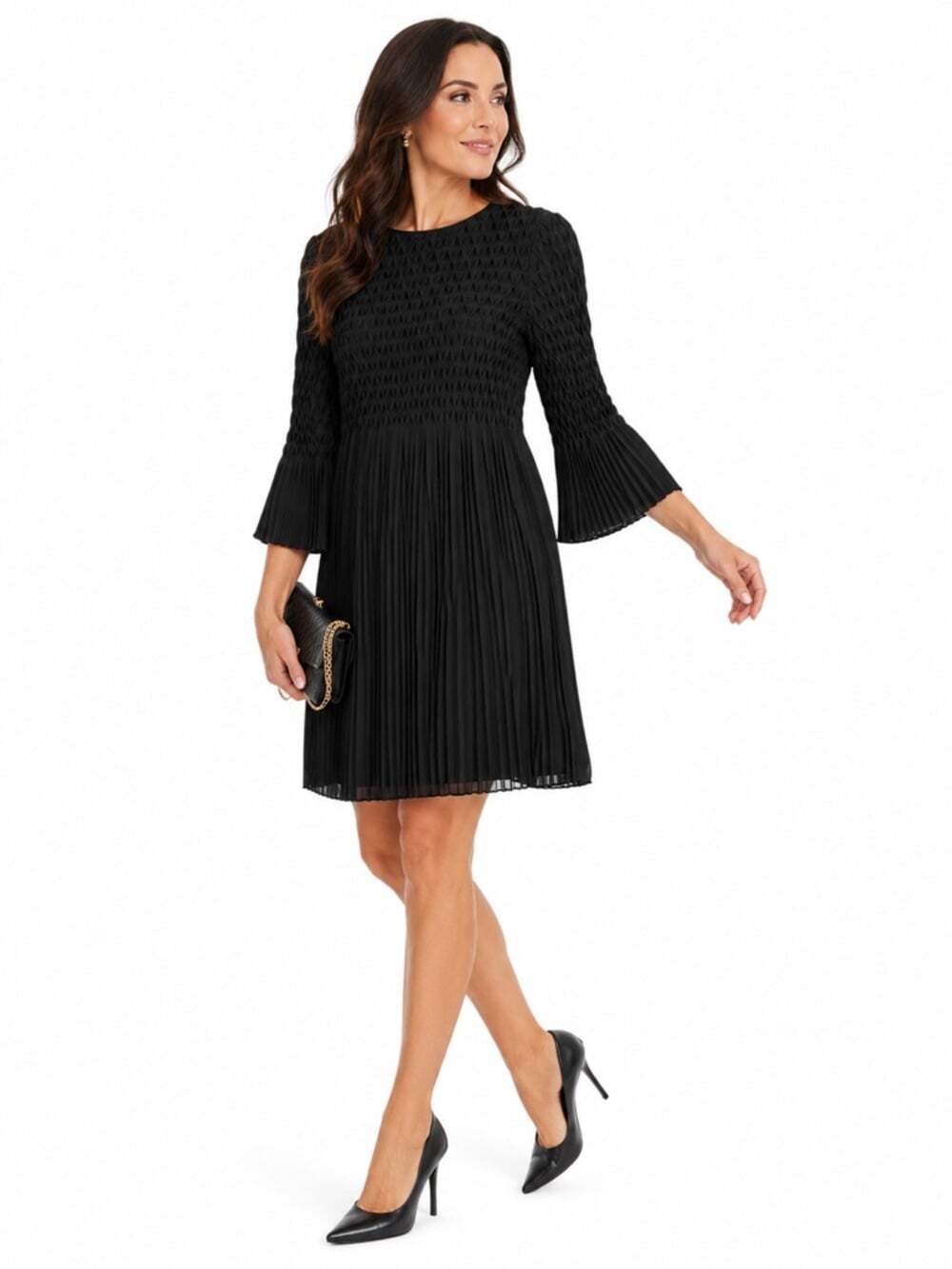 Topshop Smocked Bell Sleeve Party Cocktail Mini Black Pleated Dress Size 4
